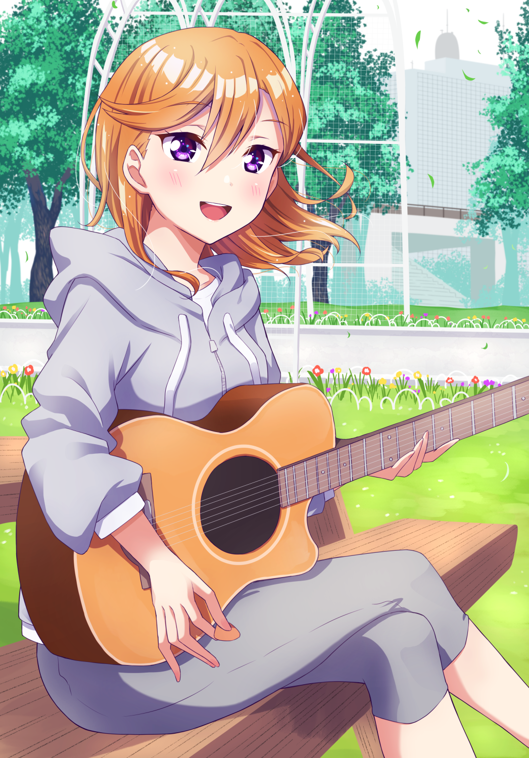 1girl, blush, capri_pants, commentary_request, crossed_legs, grey_jacket, grey_pants, guitar