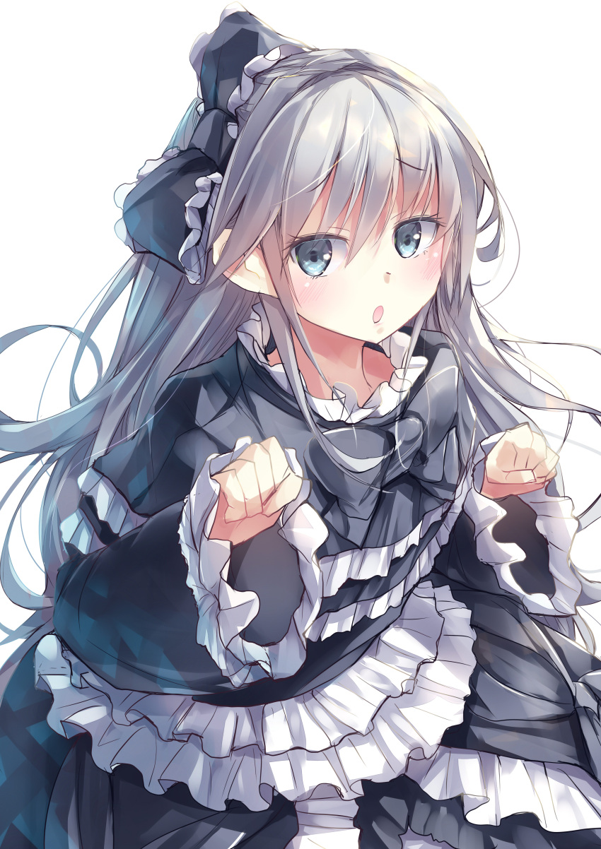 1girl, absurdres, asymmetrical_bangs, black_bow, black_dress, black_ribbon, blue_eyes, blush