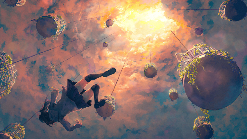 1girl, absurdres, asu_no_yozora_shoukaihan_(vocaloid), black_skirt, cage, clouds, cloudy_sky, from_below
