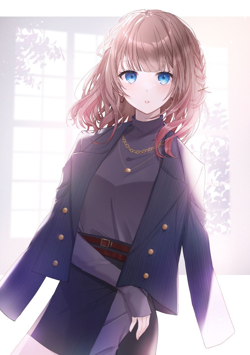 1girl, absurdres, backlighting, belt, blue_eyes, blunt_bangs, braid, brown_hair