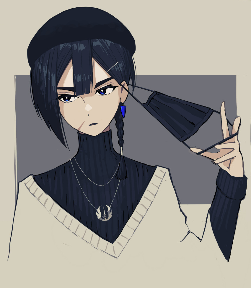 1girl, 5health, alternate_costume, asymmetrical_hair, beret, black_hair, black_headwear, black_mask