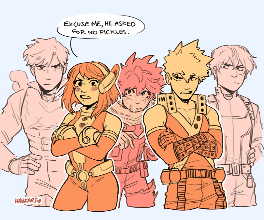 angry, bakugou_katsuki, bare_shoulders, blue_background, blush, bodysuit, boku_no_hero_academia, closed_mouth