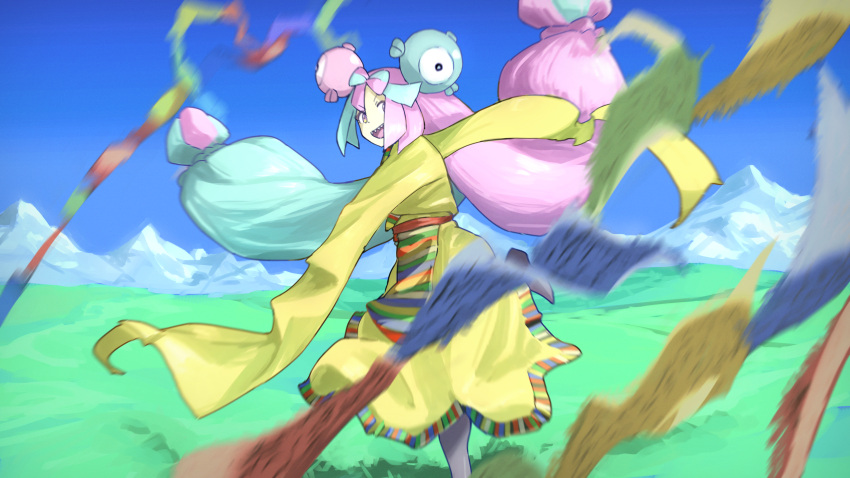 1girl, :d, absurdres, adapted_costume, blurry, character_hair_ornament, commentary_request, day, dress, grass, green_hair, grey_pantyhose, hair_ornament, highres, iono_(pokemon), leg_up, long_hair, long_sleeves, looking_at_viewer, motion_blur, mountainous_horizon, multicolored_hair, open_mouth, outdoors, pantyhose, pink_hair, pokemon, pokemon_(game), pokemon_sv, sky, sleeves_past_fingers, sleeves_past_wrists, smile, solo, standing, tibetan_clothes, two-tone_hair, yellow_dress, yuh2532