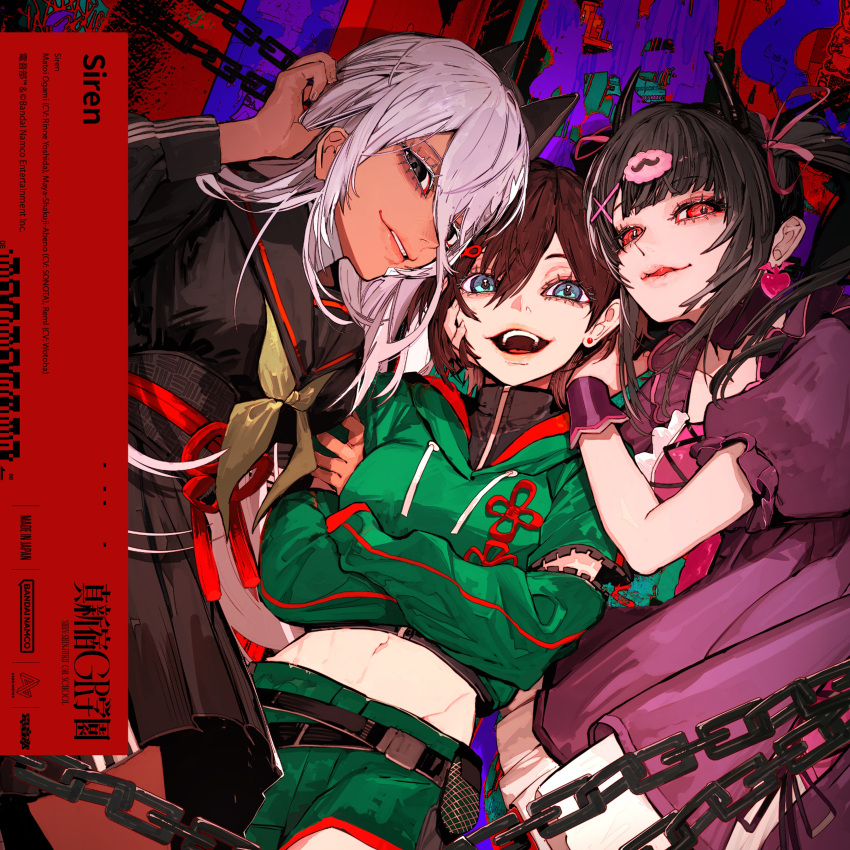 3girls, abeno-shakuji-maya, absurdres, album_cover, bandaged_neck, bandages, belt, black_belt, black_eyes, black_hair, black_serafuku, black_shirt, black_skirt, blue_eyes, breasts, brown_hair, chain, cover, crop_top, crossed_arms, dark-skinned_female, dark_skin, demon_horns, denonbu, dress, earrings, fake_horns, green_hoodie, green_shorts, grey_hair, hair_between_eyes, hair_ornament, hair_ribbon, heart, heart_earrings, highres, hood, hood_down, hoodie, horns, jewelry, long_hair, long_sleeves, looking_at_viewer, medium_breasts, midriff, multiple_girls, navel, neckerchief, official_art, ogami_matoi, open_mouth, pink_lips, pink_ribbon, puffy_short_sleeves, puffy_sleeves, purple_dress, red_eyes, reml, ribbon, sailor_collar, school_uniform, second-party_source, serafuku, shirt, short_hair, short_sleeves, shorts, skirt, smile, standing, twintails, unrefle, wrist_cuffs, x_hair_ornament, yellow_neckerchief