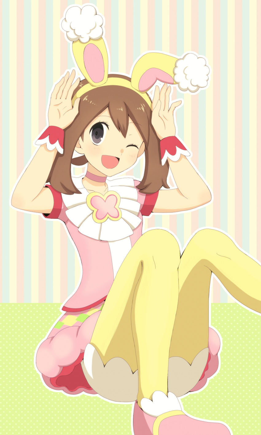 1girl, ;d, absurdres, animal_ears, arms_up, brown_hair, choker, commentary_request