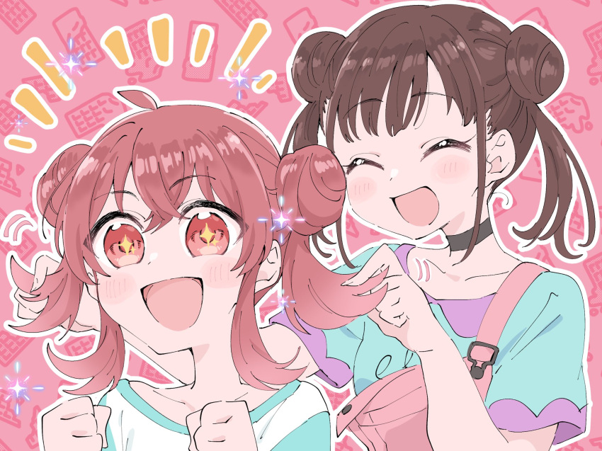 2girls, ^_^, adjusting_another's_hair, ahoge, ayunyan_pere, black_choker, blush, blush_stickers