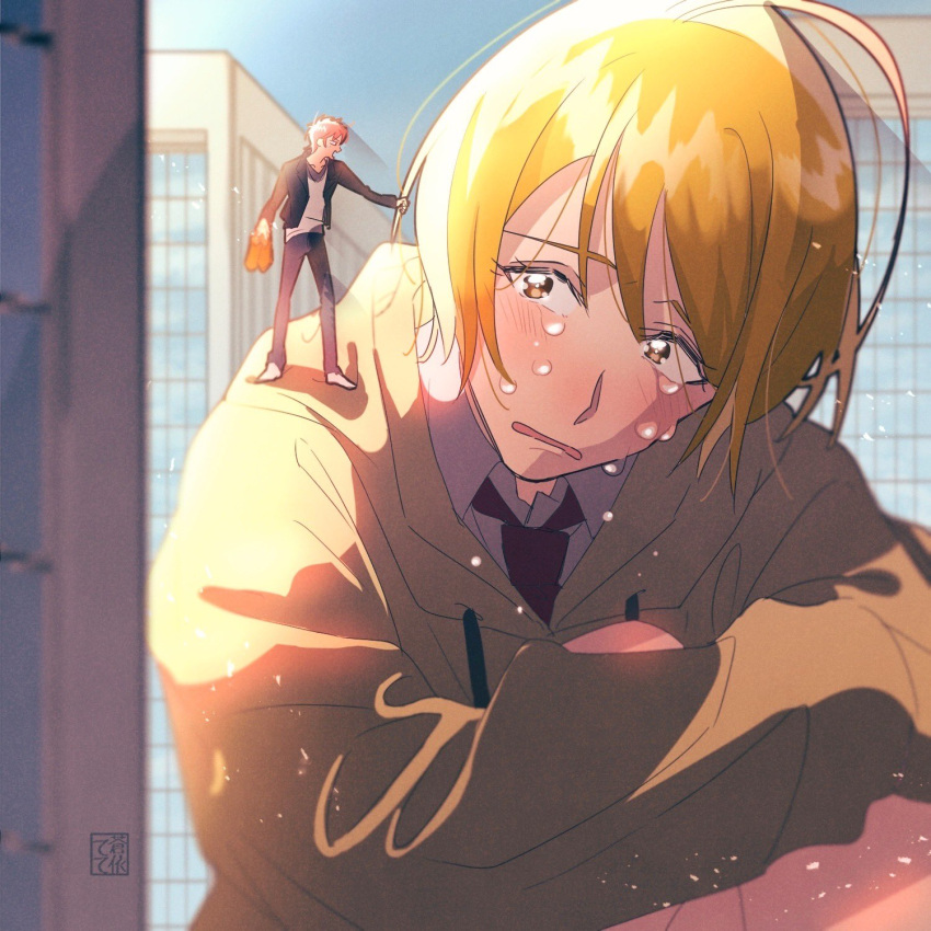 1boy, 1girl, blonde_hair, blush, building, crying, fetal_position, giant