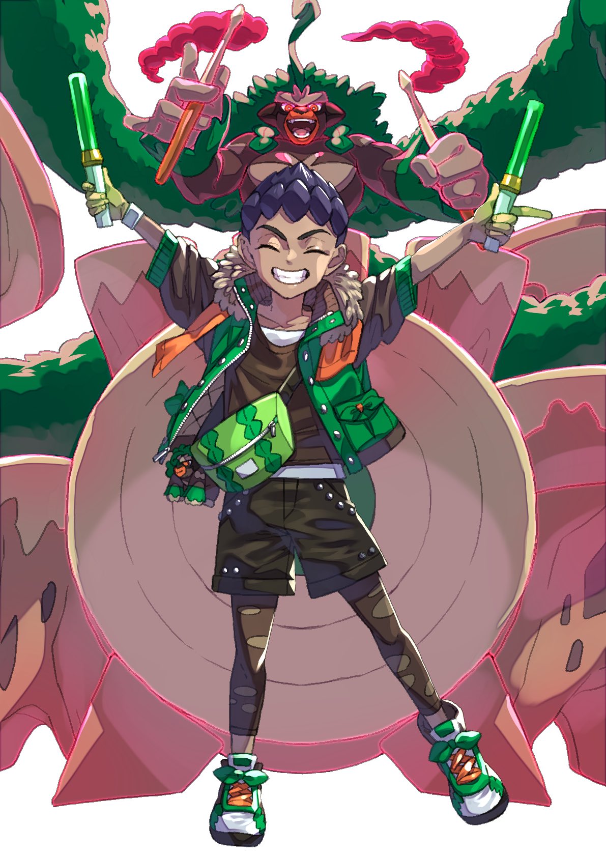 1boy, alternate_costume, arms_up, brown_shirt, buttons, closed_eyes, facing_viewer, gigantamax, gigantamax_rillaboom, gloves, green_footwear, green_jacket, grin, highres, holding, hop_(pokemon), jacket, komame_(st_beans), leggings, male_focus, pokemon, pokemon_(creature), pokemon_(game), pokemon_swsh, purple_hair, rillaboom, shirt, shoes, short_hair, shorts, smile, standing, teeth, white_background, wristband, zipper