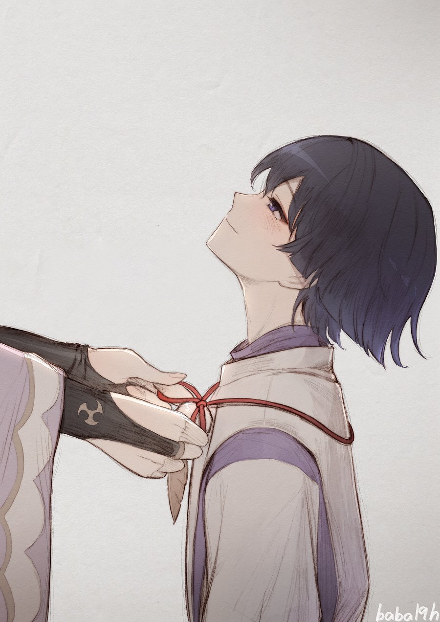 1boy, 1girl, baba19h, black_hair, blush, closed_mouth, from_side, genshin_impact