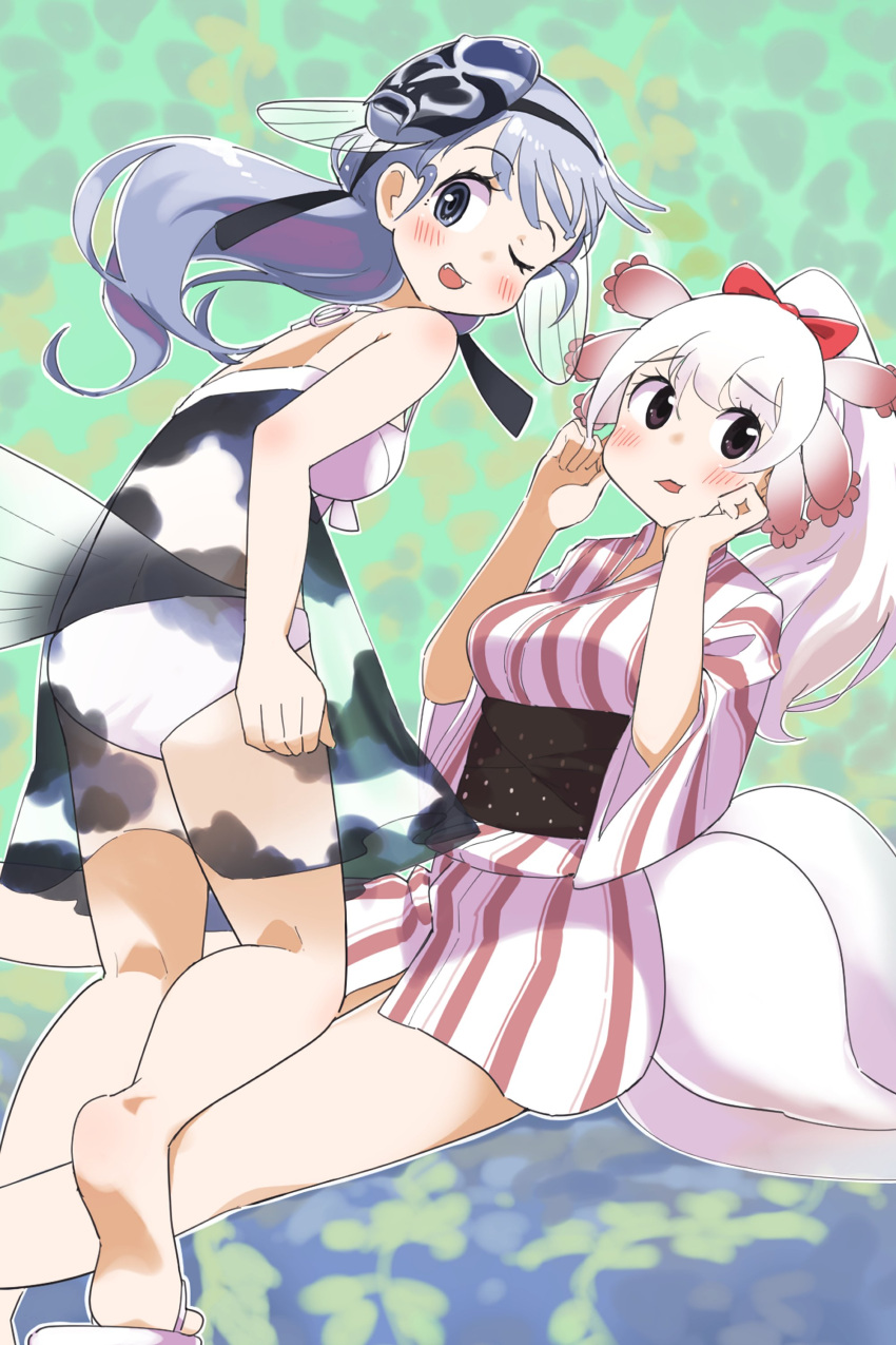 2girls, absurdres, adapted_costume, bare_arms, bare_shoulders, barefoot, bikini, blue_eyes, blush, bow, camouflage_dress, fins, fish_girl, fish_tail, grey_eyes, grey_hair, hair_bow, highres, iwa_(iwafish), japanese_clothes, jinmen-gyo_(kemono_friends), kemono_friends, kimono, lizard_tail, long_hair, mask, mask_on_head, mexico_salamander_(kemono_friends), multicolored_hair, multiple_girls, one_eye_closed, ponytail, red_kimono, redhead, reptile_girl, sandals, short_kimono, striped, striped_kimono, swimsuit, tail, two-tone_kimono, vertical-striped_kimono, vertical_stripes, white_bikini, white_hair, white_kimono