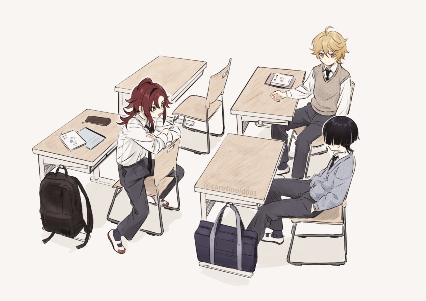 3boys, aether_(genshin_impact), backpack, bag, black_hair, black_necktie, black_pants, blonde_hair