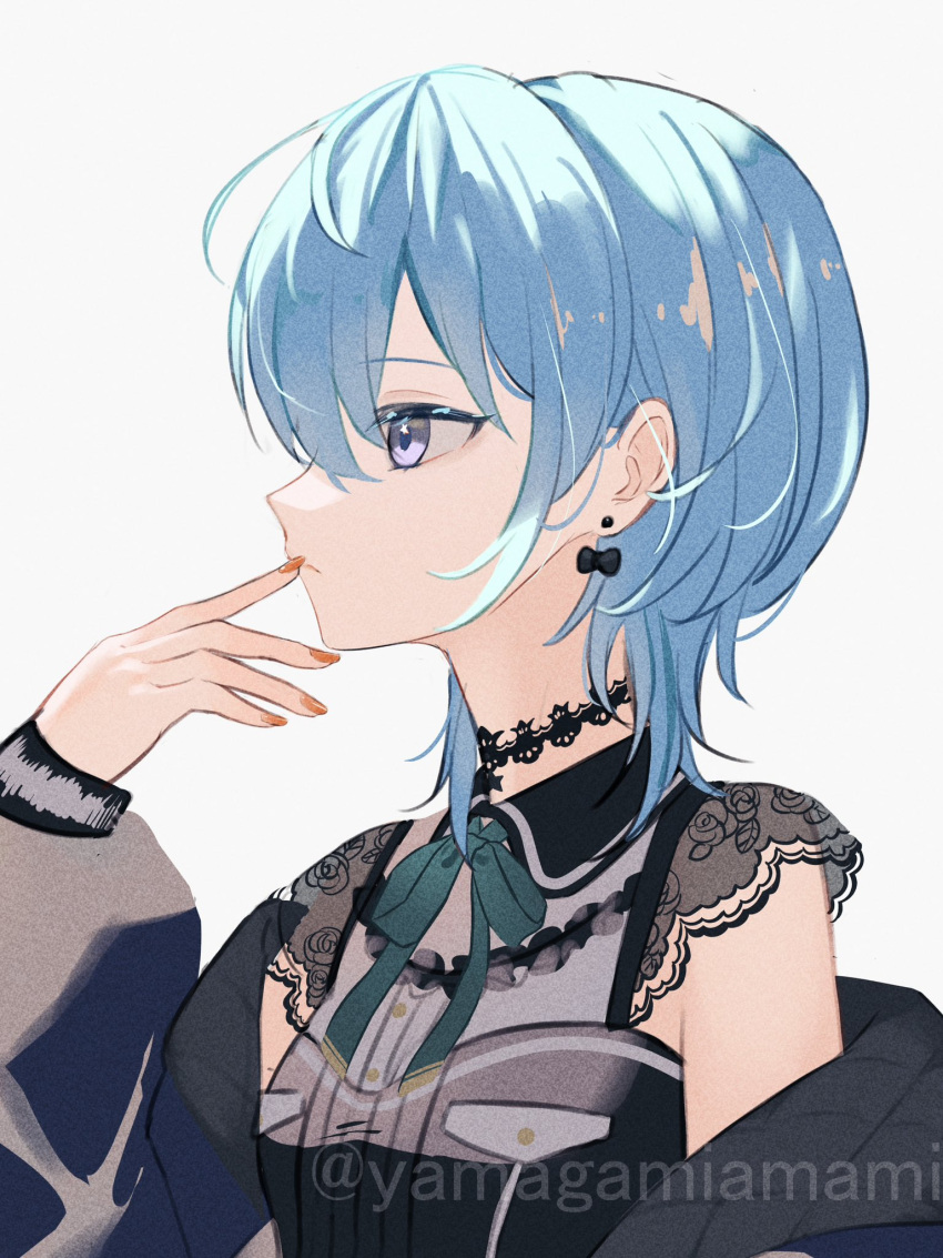 1girl, black_choker, black_jacket, black_shirt, blue_eyes, blue_hair, bow, bow_earrings