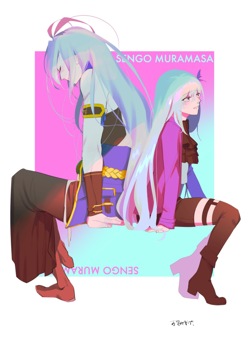 1boy, 1girl, ankle_boots, antenna_hair, arm_strap, arm_support, ascot, bare_shoulders