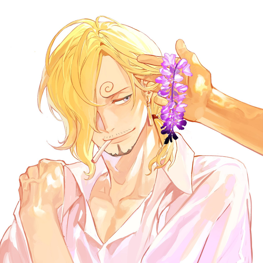 1boy, blonde_hair, blue_eyes, cigarette, collarbone, dress_shirt, earrings, facial_hair