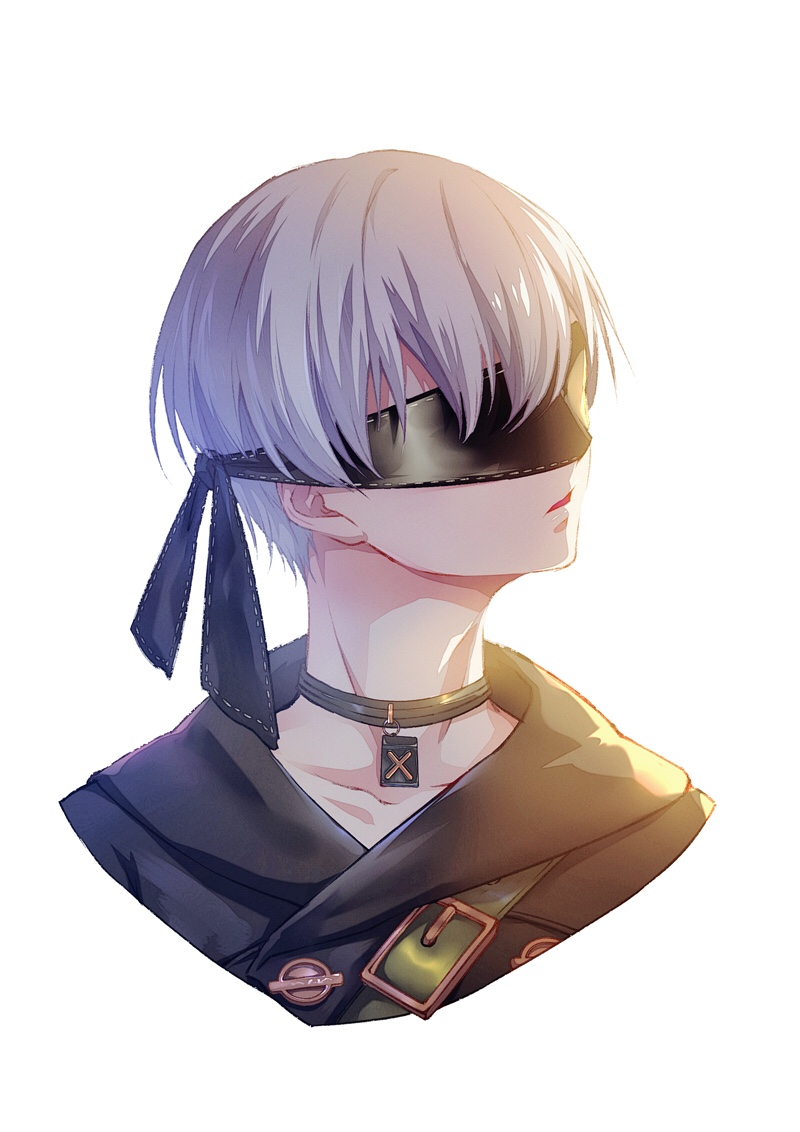 1boy, ayu_(so_doom), black_choker, choker, covered_eyes, cropped_torso, male_focus, nier:automata, nier_(series), open_mouth, portrait, profile, short_hair, solo, white_hair, yorha_no._9_type_s
