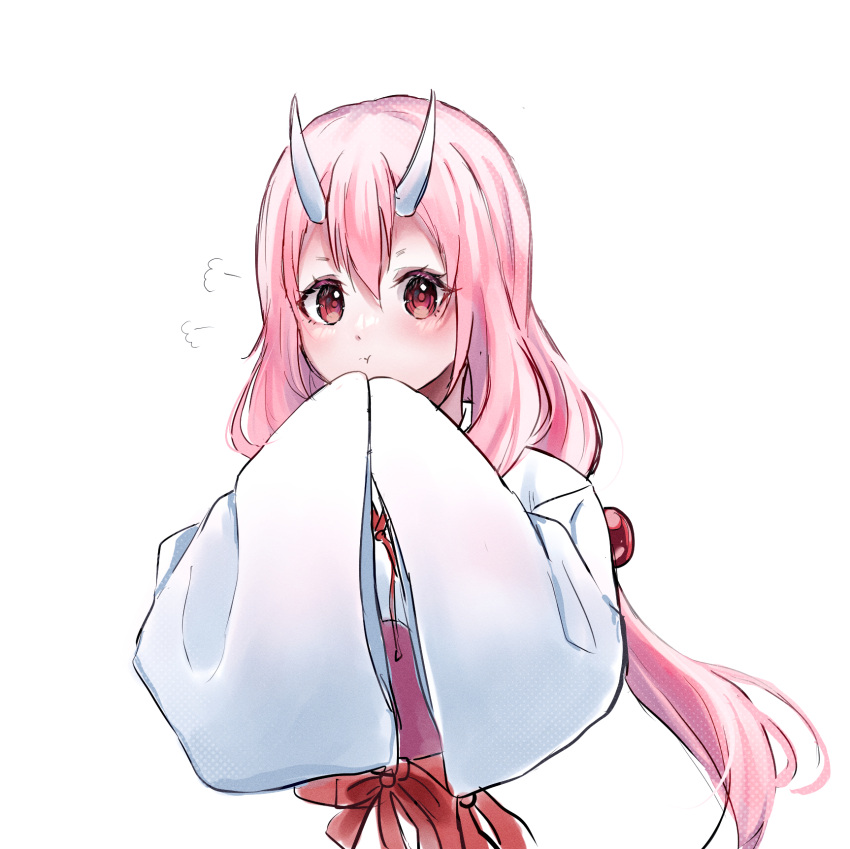 1girl, :t, blonde_hair, chocoeiru, cropped_torso, floating_hair, hair_between_eyes, highres