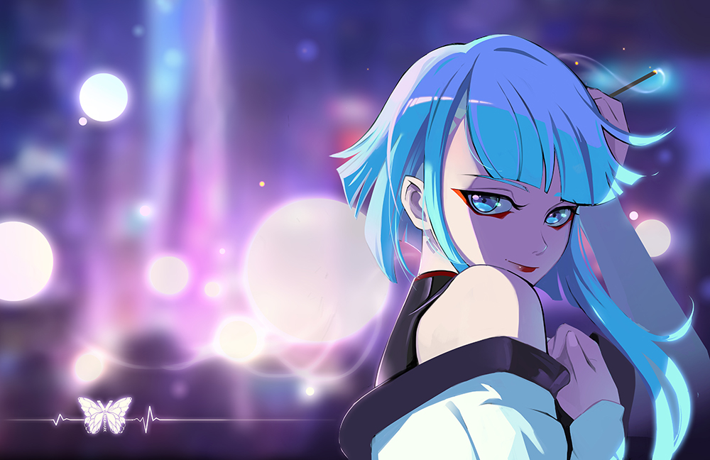 1girl, blue_eyes, blue_hair, blurry, blurry_background, bug, butterfly, closed_mouth