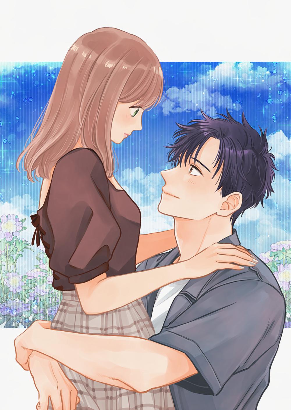 1boy, 1girl, akiyama_momiji, black_hair, breasts, brown_eyes, brown_hair, brown_shirt