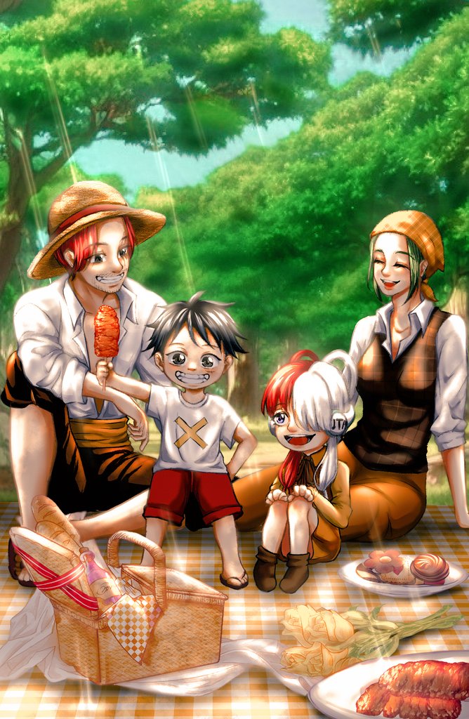 2boys, 2girls, bandana, black_hair, closed_eyes, food, full_body, green_hair