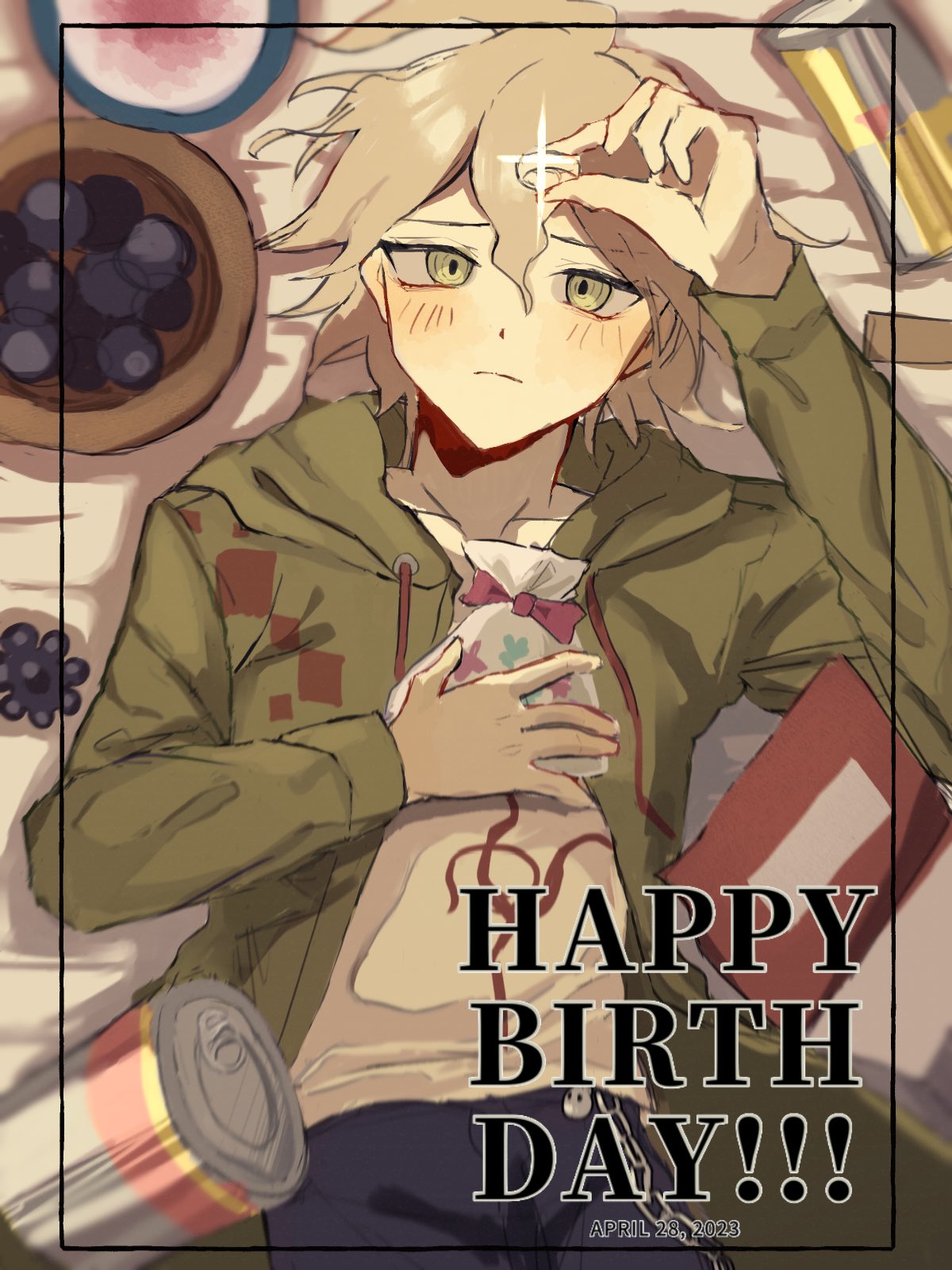 1boy, ahoge, bag, blush, bow, bowl, brown_eyes, can, collarbone, danganronpa_(series), danganronpa_2:_goodbye_despair, dated, green_jacket, grey_hair, grey_shirt, hair_between_eyes, happy_birthday, highres, holding, holding_bag, holding_jewelry, holding_ring, iramarukas, jacket, jewelry, komaeda_nagito, looking_up, medium_hair, open_clothes, open_jacket, pants, pink_bow, print_shirt, ring, shirt, solo