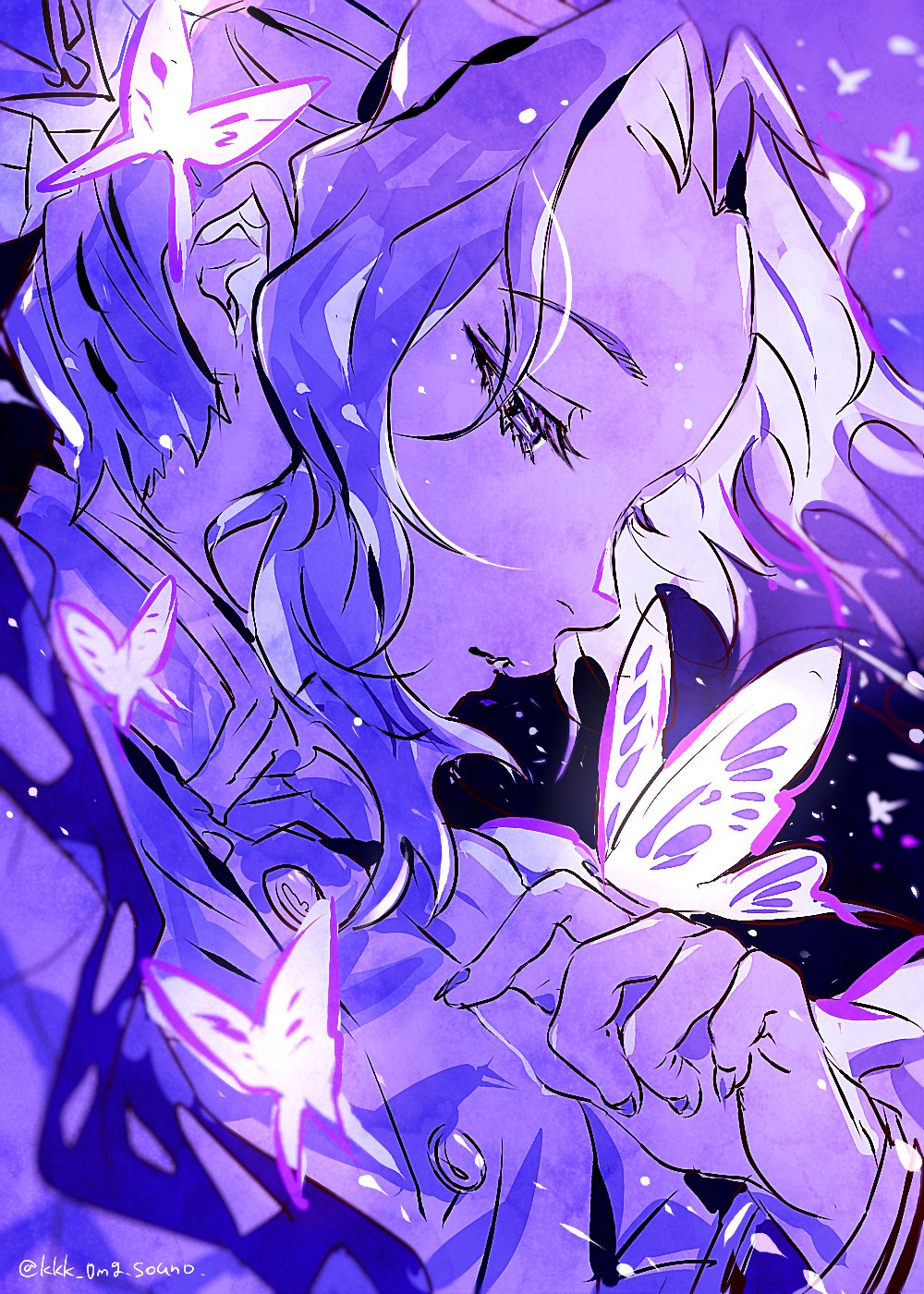 1girl, animal, blurry, bug, butterfly, butterfly_hair_ornament, butterfly_on_hand, colored_tips, demon_slayer_uniform, depth_of_field, floating_hair, glowing_butterfly, hair_ornament, half-closed_eyes, hand_up, haori, highres, japanese_clothes, kimetsu_no_yaiba, kkk_0mg, kochou_shinobu, long_sleeves, looking_at_animal, looking_at_hand, looking_away, monochrome, motion_blur, multicolored_hair, nail_polish, parted_lips, profile, purple_theme, solo, twitter_username, updo, upper_body