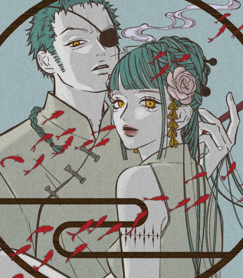 1boy, 1girl, alternate_costume, aqua_hair, chinese_clothes, eyepatch, flower, green_hair