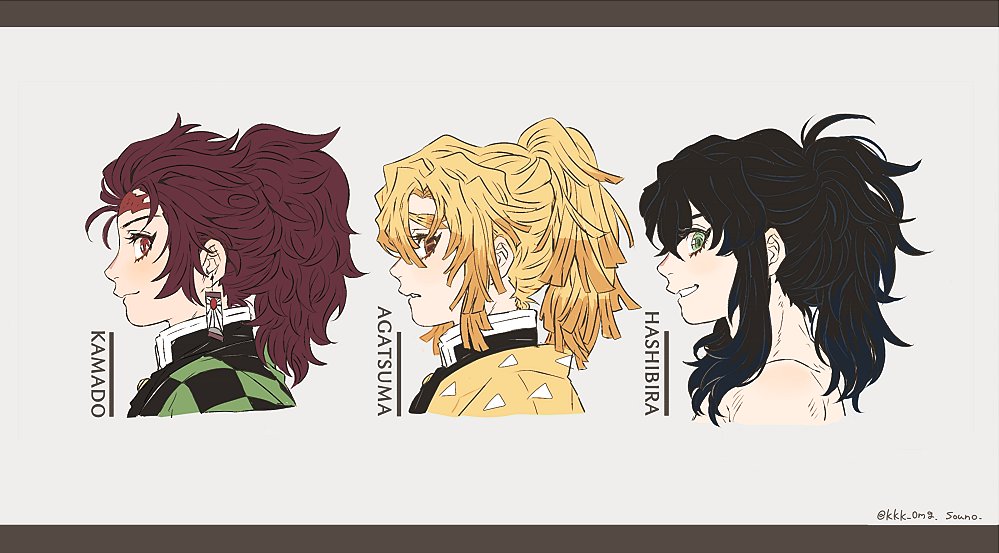 3boys, agatsuma_zenitsu, alternate_hairstyle, blonde_hair, brown_eyes, brown_hair, character_name, checkered_clothes