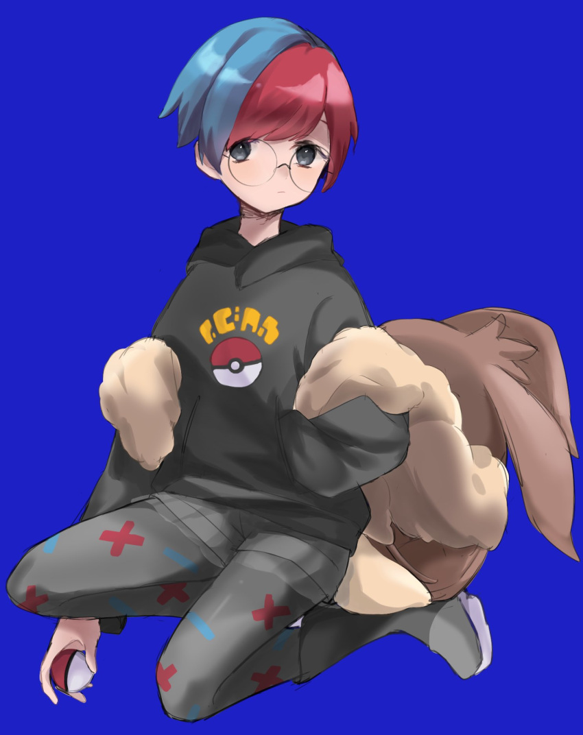 1girl, backpack, bag, blue_background, boots, brown_bag, closed_mouth, commentary_request
