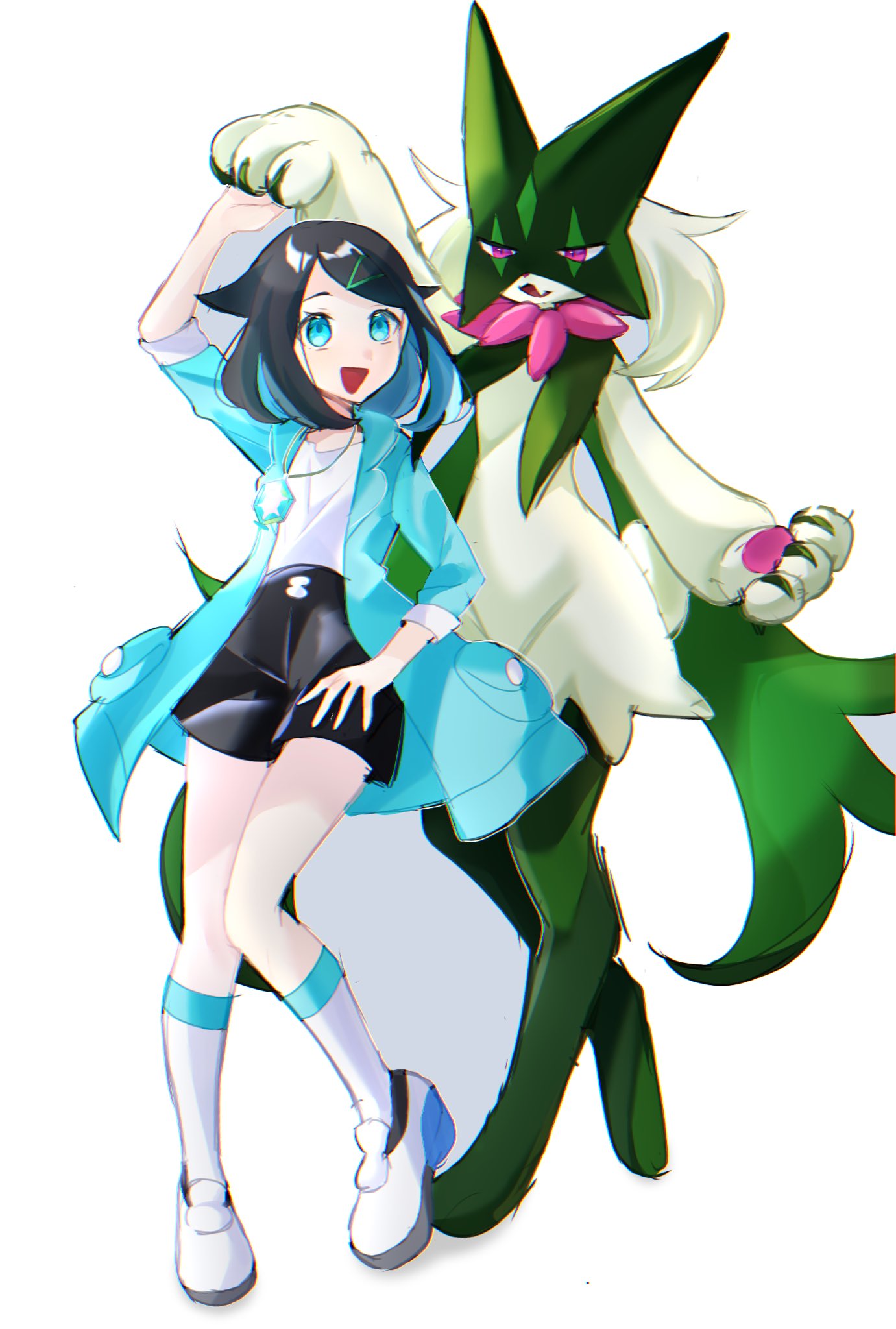 1girl, :d, arm_up, black_hair, black_shorts, coat, commentary_request, green_coat