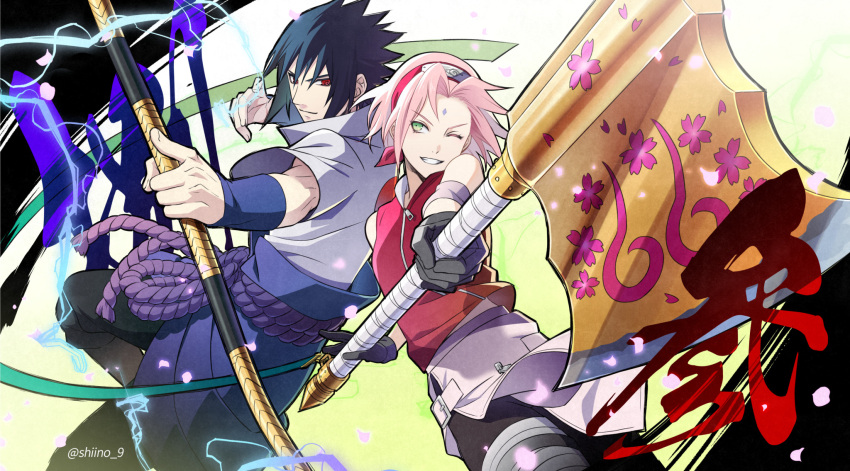 1boy, 1girl, artist_name, axe, black_gloves, black_hair, facial_mark, fingernails