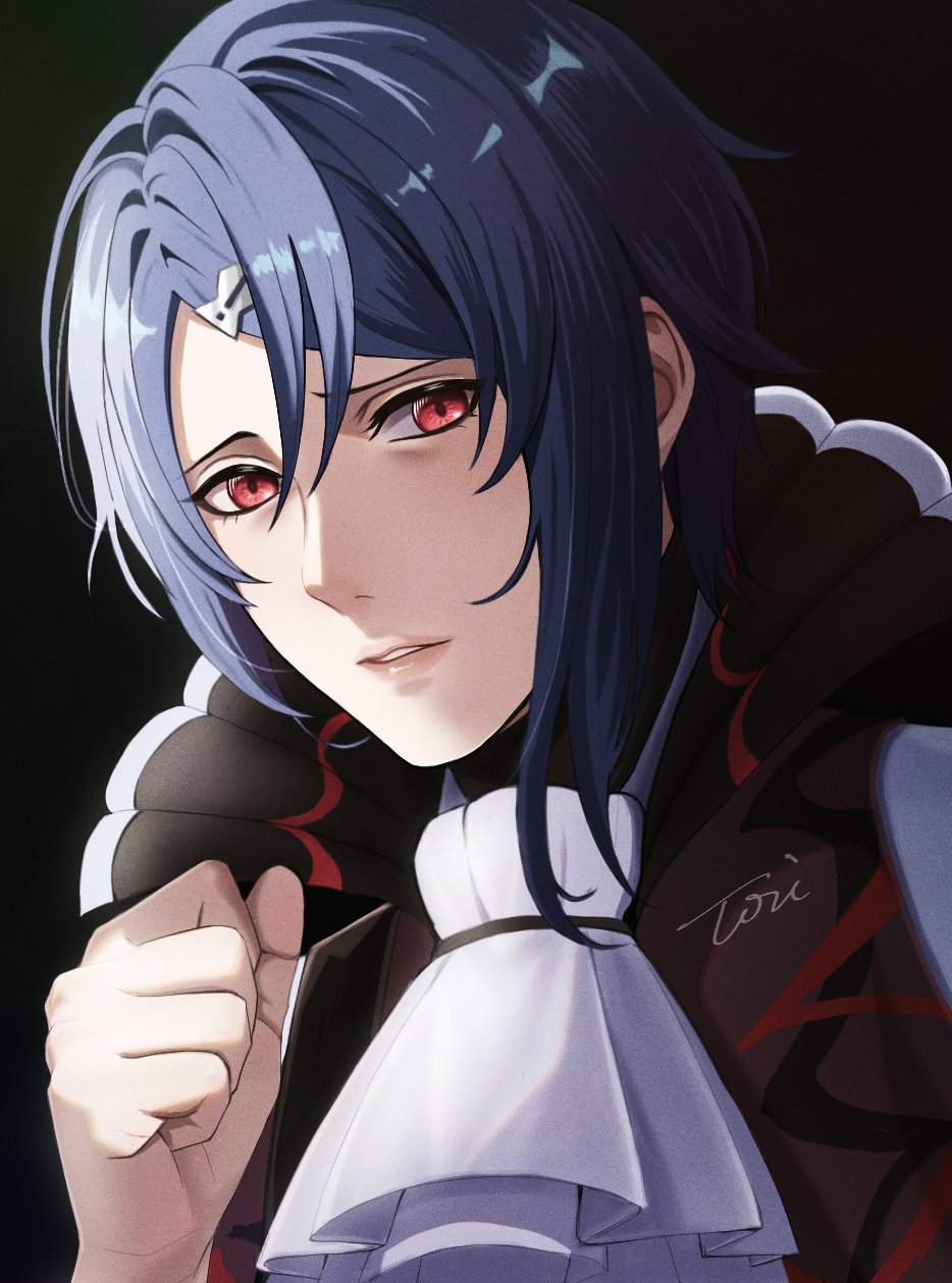 1boy, alcryst_(fire_emblem), ascot, black_background, blue_hair, fire_emblem, fire_emblem_engage, hair_between_eyes
