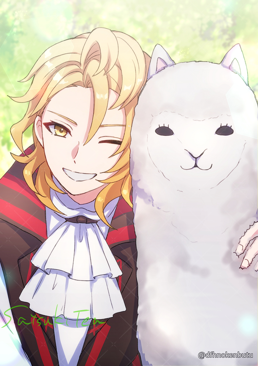 1boy, alpaca, amber_(fire_emblem), animal, ascot, blonde_hair, dfhnokenbutu, fire_emblem