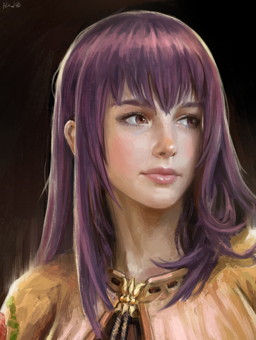 1girl, absurdres, brown_background, brown_capelet, brown_hair, capelet, closed_mouth, commentary