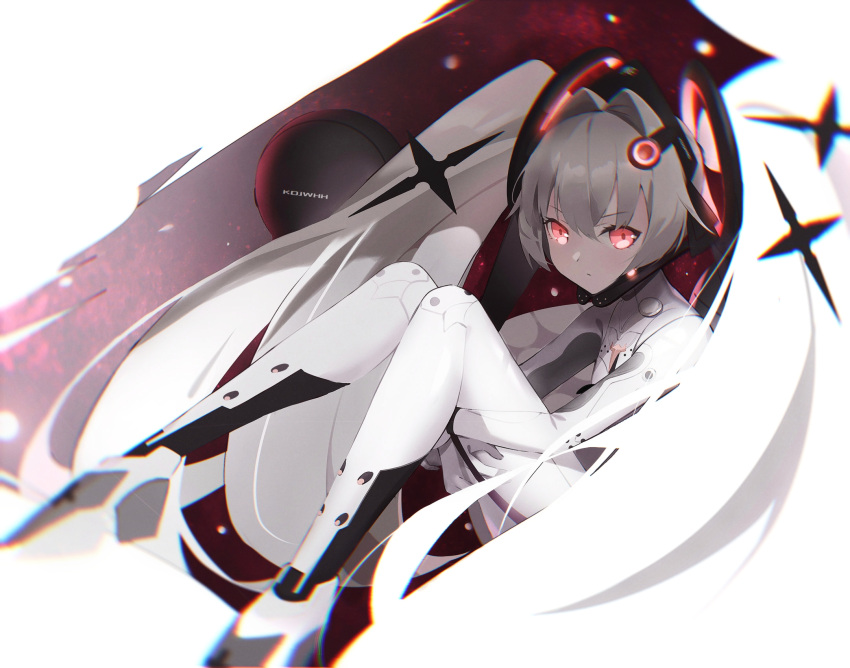 1girl, bodysuit, floating, floating_hair_ornament, floating_object, grey_hair, highres, kgs_(2806489002), long_hair, luna_(punishing:_gray_raven), mechanical_legs, orb, punishing:_gray_raven, red_eyes, sidelocks, twintails, very_long_hair, white_bodysuit, white_hair