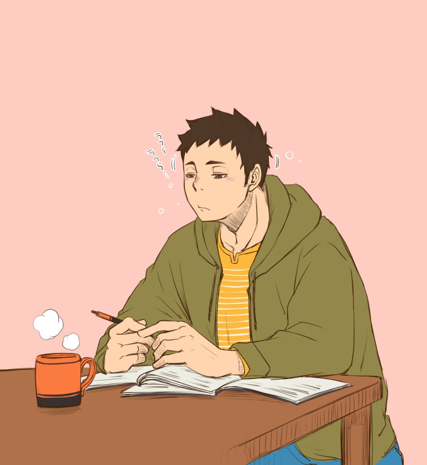 1boy, blue_pants, brown_eyes, brown_hair, cup, green_hoodie, haikyuu!!, hood