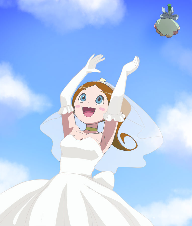 1girl, :d, akubi_(hakushon_daimaou), armpits, bare_shoulders, blue_eyes, blue_sky, blush_stickers, bouquet, breasts, bridal_veil, bride, brown_hair, choker, clouds, collarbone, dress, elbow_gloves, gloves, hakushon_daimaou_(series), haruyama_kazunori, long_hair, open_mouth, pointy_ears, ponytail, sky, smile, solo, strapless, strapless_dress, veil, wedding_dress, white_dress, white_gloves
