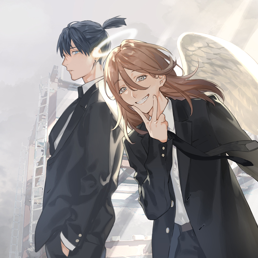 0ctter, 2boys, angel_devil_(chainsaw_man), angel_wings, black_hair, black_necktie, black_suit, blue_eyes, chainsaw_man, ear_piercing, formal, halo, hayakawa_aki, male_focus, multiple_boys, necktie, piercing, ponytail, redhead, smile, suit, sunlight, upper_body, v, white_background, wings
