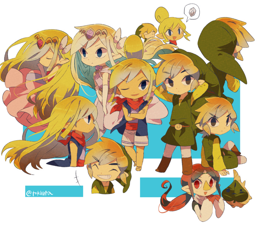 +++, 1boy, 3girls, :d, ^_^, arms_behind_head, arms_up, artist_name