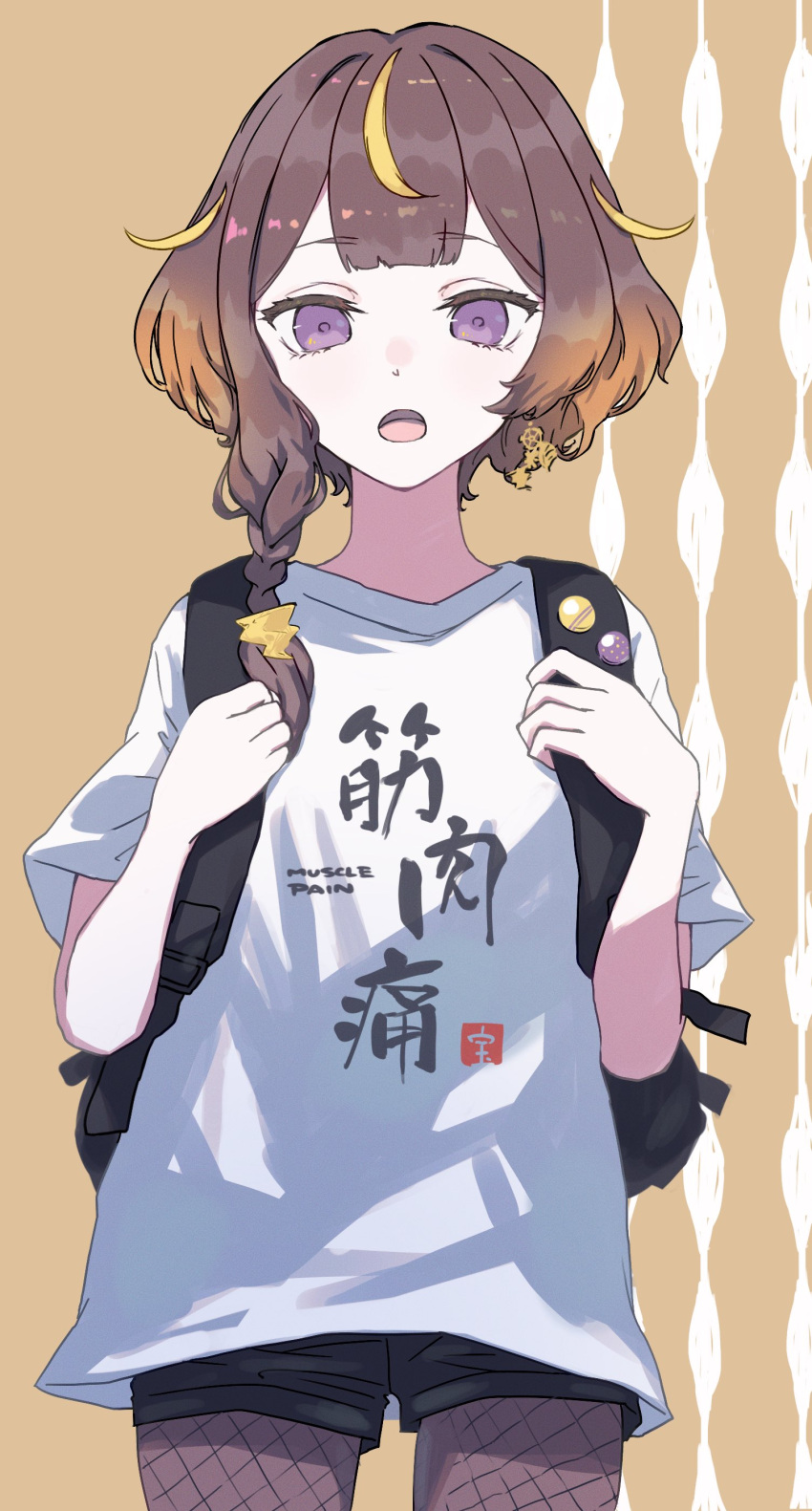 1girl, absurdres, anya_melfissa, backpack, bag, black_shorts, braid, brown_hair