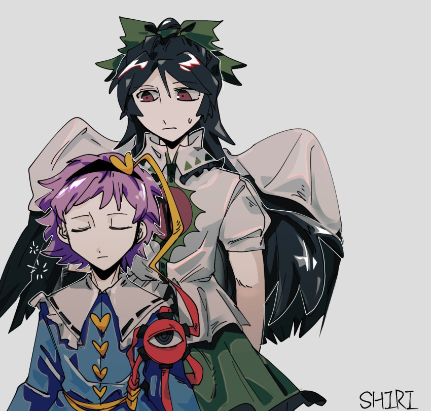 2girls, bird_wings, black_hair, black_hairband, black_wings, blue_shirt, bow, brown_eyes