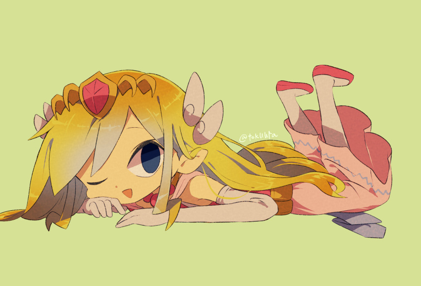 1girl, ;d, artist_name, belt, blonde_hair, blue_hair, commentary_request, dress