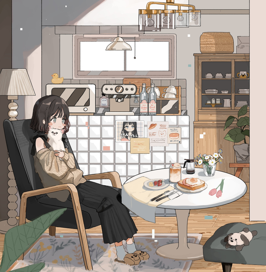 1girl, absurdres, animal, bare_shoulders, basket, black_hair, black_skirt, bottle