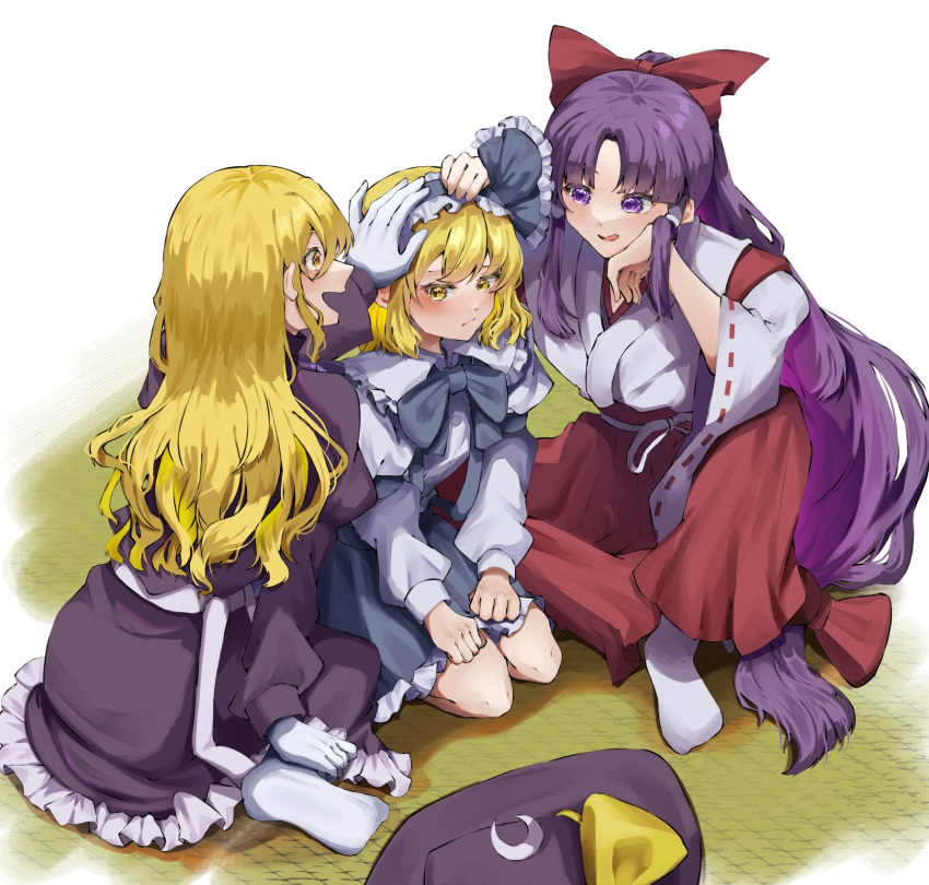 3girls, alice_margatroid, alice_margatroid_(pc-98), blonde_hair, blue_bow, blue_hairband, bow, crescent, dress, gloves, hair_bow, hair_ribbon, hair_tubes, hairband, hakama, hakurei_reimu, hakurei_reimu_(pc-98), hat, hat_bow, highres, japanese_clothes, jingai_(k1bun), kimono, kirisame_marisa, kirisame_marisa_(pc-98), long_hair, long_sleeves, miko, multiple_girls, mystic_square, open_mouth, puffy_long_sleeves, puffy_sleeves, purple_dress, purple_hair, purple_headwear, red_bow, ribbon, shirt, short_hair, skirt, smile, socks, touhou, touhou_(pc-98), violet_eyes, white_gloves, white_shirt, white_socks, wide_sleeves, witch_hat, yellow_eyes
