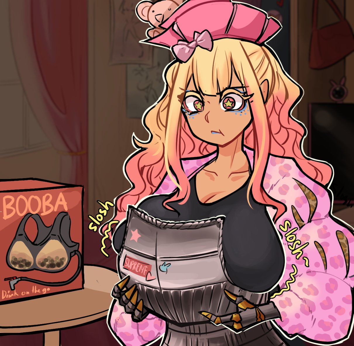 armor, bag, blonde_hair, bow, breastplate, breasts, centurii-chan_(artist), collarbone, dark_skin, gauntlets, gyaru, handbag, hat, indoors, landsknecht_(centurii-chan), large_breasts, makeup, multicolored_hair, original, pout, puffy_sleeves, star-shaped_pupils, star_(symbol), stuffed_animal, stuffed_toy, symbol-shaped_pupils, tan, teddy_bear, two-tone_hair, wavy_hair