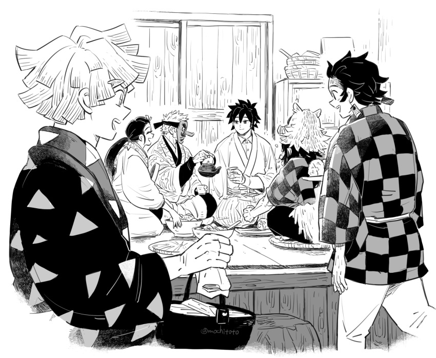 1girl, 5boys, agatsuma_zenitsu, alternate_hair_length, alternate_hairstyle, amputee, apron, basket
