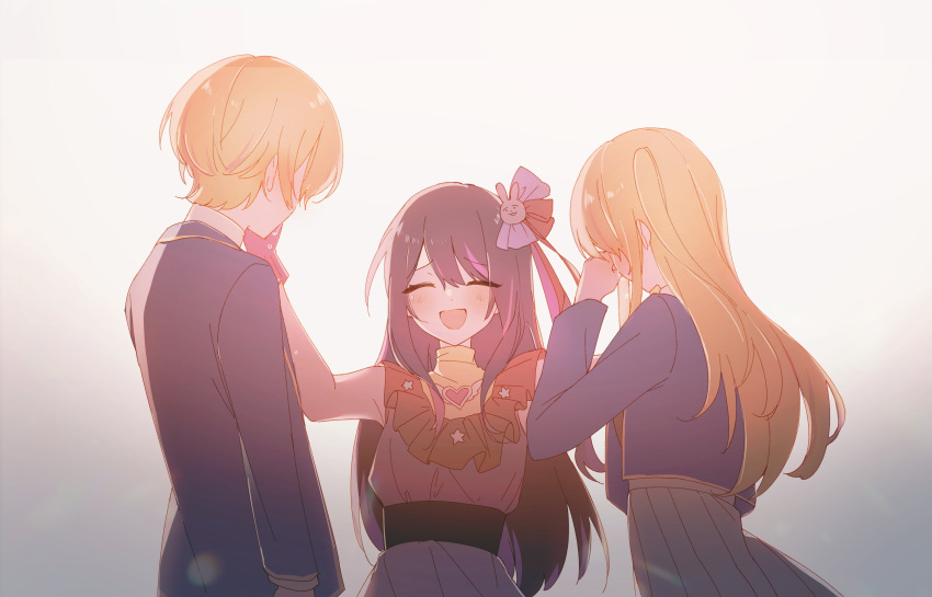 1boy, 2girls, blonde_hair, closed_eyes, crying, dress, family, gloves, hair_ornament, highres, hoshino_ai_(oshi_no_ko), hoshino_aquamarine, hoshino_ruby, idol, long_hair, mother_and_daughter, mother_and_son, multiple_girls, ookami_ciro, open_mouth, oshi_no_ko, pink_dress, rabbit_hair_ornament, school_uniform, short_hair, siblings, side_ponytail, smile, tears, turtleneck_dress, wiping_tears