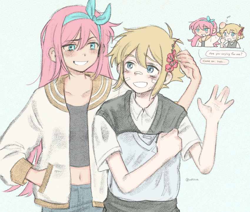 1boy, 1girl, alternate_costume, aubrey_(omori), basil_(omori), blonde_hair, blue_eyes, blush