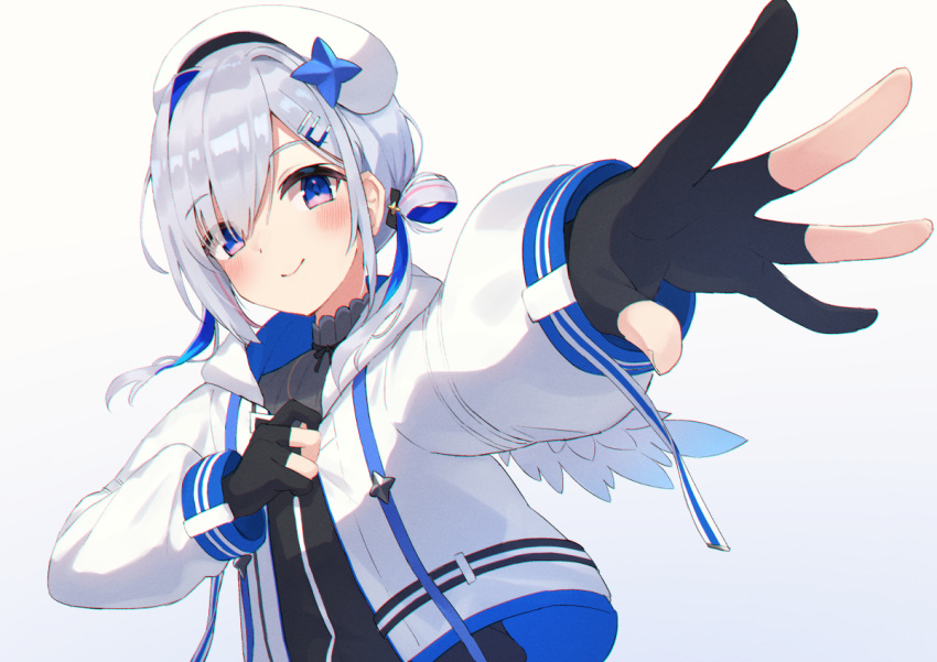1girl, adjusting_clothes, amane_kanata, amane_kanata_(3rd_costume), angel, angel_wings, beret, black_dress, black_gloves, blue_hair, blush, dress, fragir, gloves, grey_hair, hair_ornament, hairpin, hat, hololive, jacket, looking_at_viewer, medium_hair, multicolored_hair, partially_fingerless_gloves, pleated_dress, puffy_sleeves, smile, solo, two-tone_hair, violet_eyes, virtual_youtuber, white_headwear, white_jacket, wings