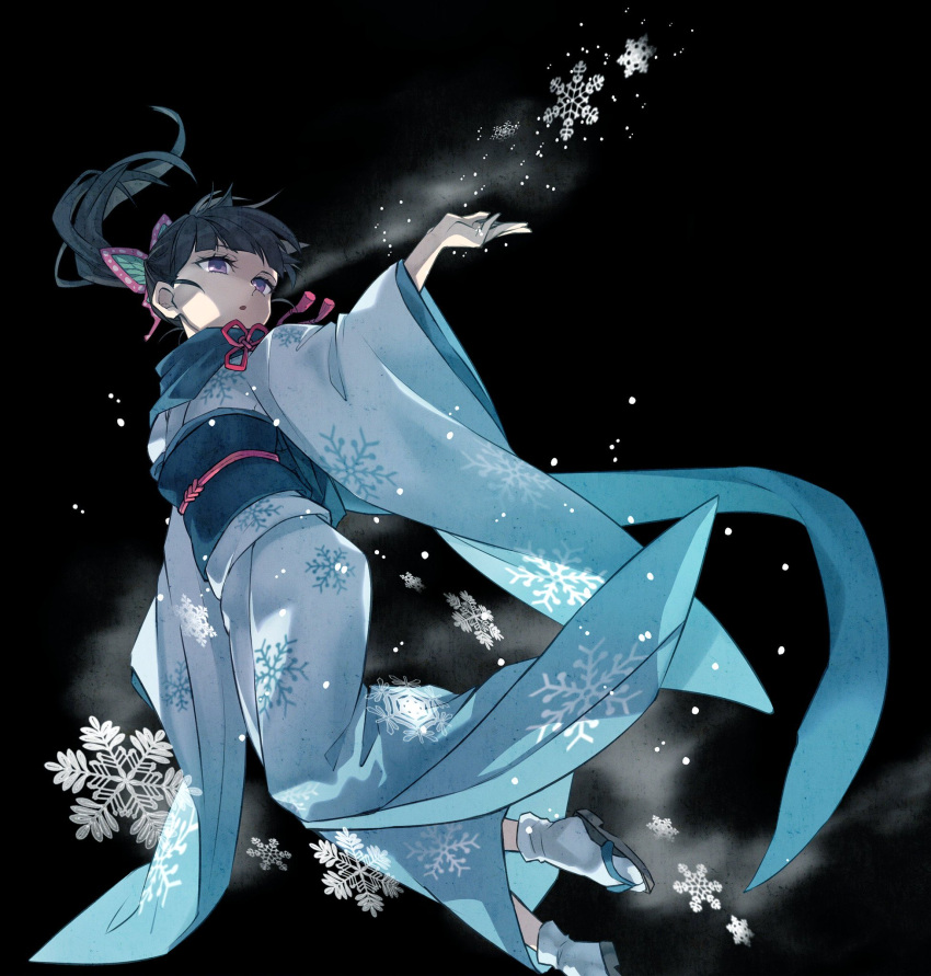 1girl, black_background, black_hair, blowing, blue_kimono, blue_scarf, blue_theme, blunt_bangs