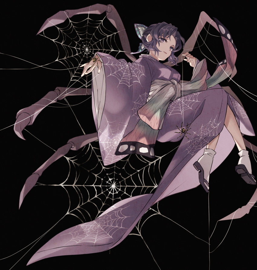 1girl, adapted_costume, animal, animal_on_hand, arthropod_girl, black_background, bug, butterfly_hair_ornament, closed_mouth, from_below, from_side, full_body, hair_ornament, hand_up, highres, invisible_chair, japanese_clothes, kimetsu_no_yaiba, kimono, kochou_shinobu, light_smile, long_sleeves, looking_at_viewer, morita_yuu, obi, outstretched_arm, purple_hair, purple_kimono, purple_theme, sash, shoe_soles, silk, simple_background, sitting, socks, solo, spider, spider_girl, spider_web, spider_web_print, updo, violet_eyes, white_socks, wide_sleeves, zouri